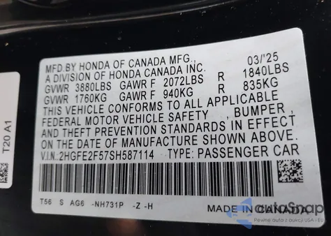 2025 Honda Civic Sport z USA, uszkodzony, nr VIN 2HGFE2F57SH587114